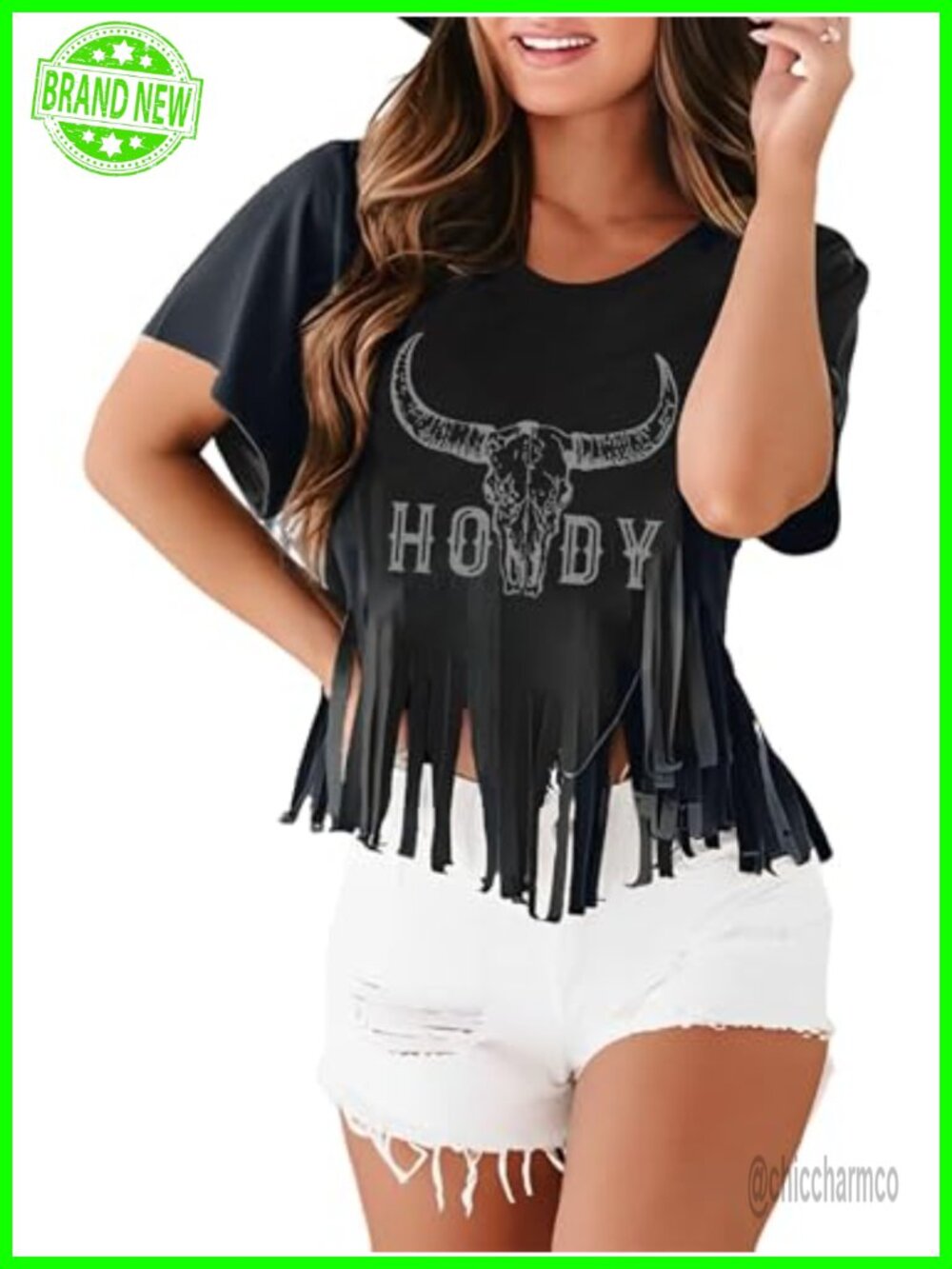 Western Cowgirl Fringe T-Shirt Short Sleeve Cow Skull Crewneck Country Concert